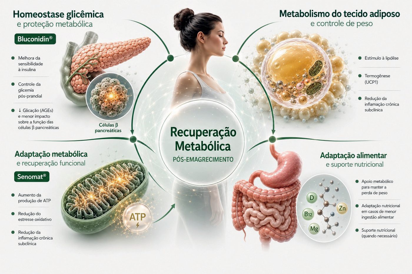 Figura 1: a recuperação metabólica pós-emagrecimento integra homeostase glicêmica (Bluconidin: sensibilidade à insulina, controle da glicemia pós-prandial e menos glicação), metabolismo do tecido adiposo (lipólise, termogênese e menos inflamação), adaptação metabólica (Senomat: mais ATP, menos estresse oxidativo e inflamação) e adaptação alimentar com suporte nutricional