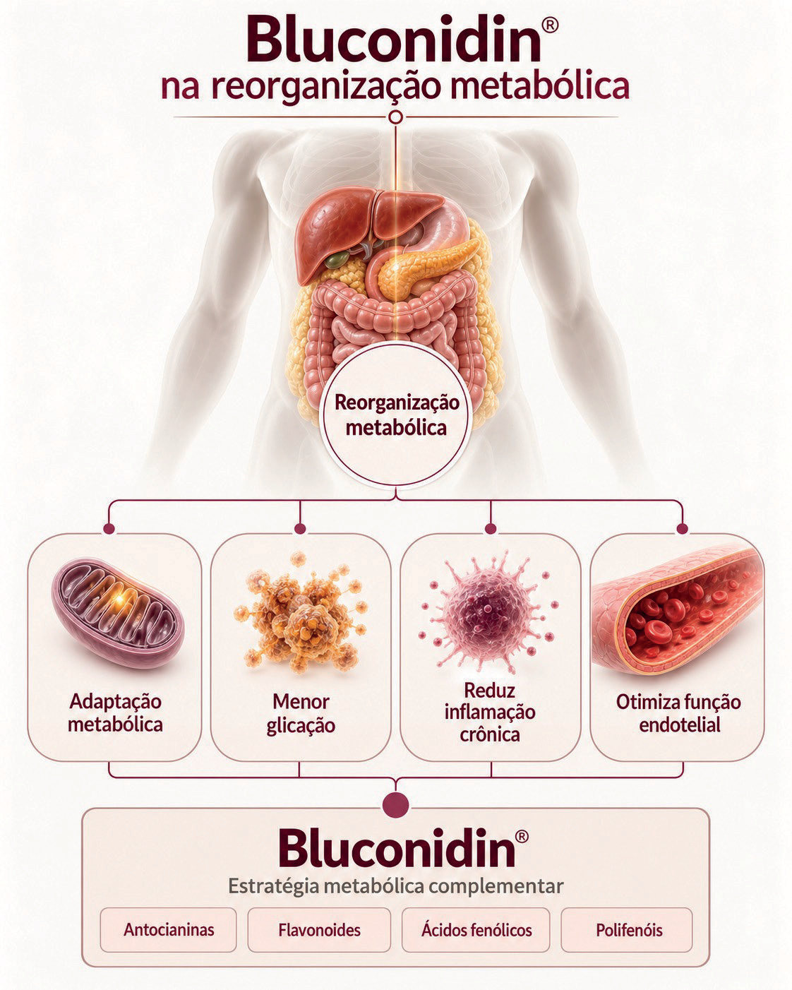 Figura 1: Bluconidin na reorganização metabólica, com adaptação metabólica, menor glicação, redução da inflamação crônica e otimização da função endotelial